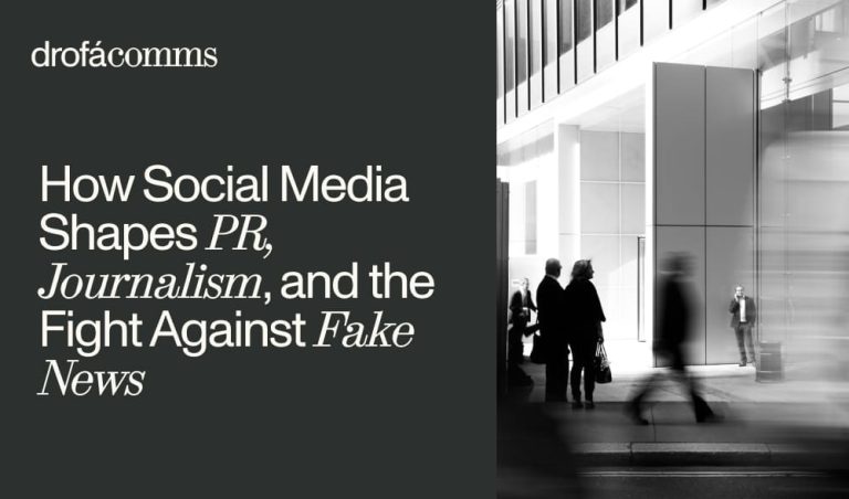 Black-and-white cover image with the headline “How Social Media Shapes PR, Journalism, and the Fight Against Fake News” beside a blurred city scene with people walking past a modern office building.
