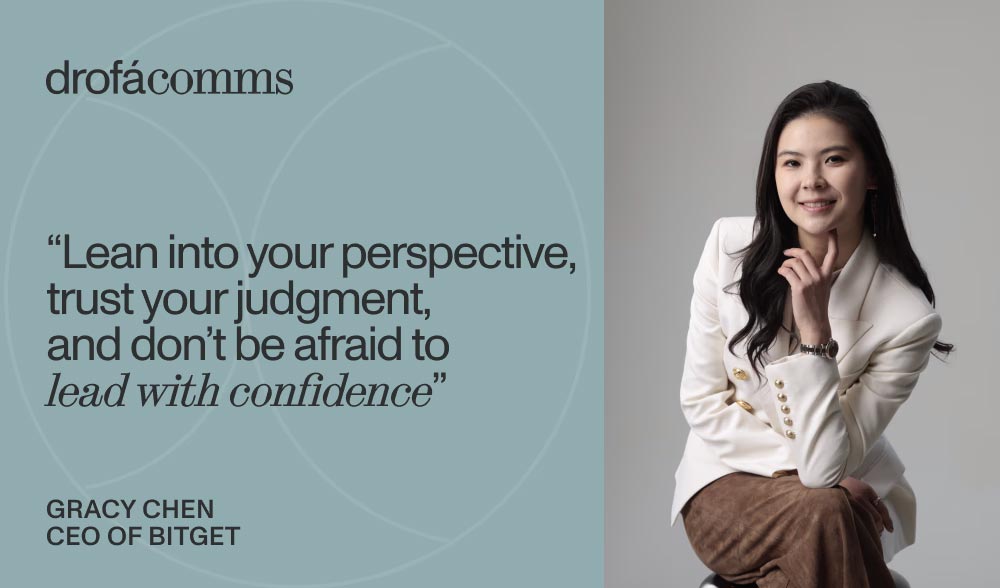 Gracy Chen, CEO of Bitget, seated against a blue background with a quote on leading with confidence
