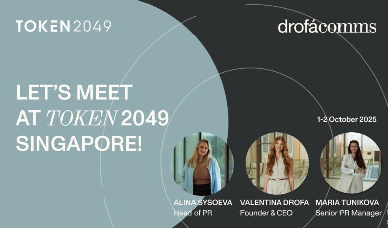 Drofa Comms team — Valentina Drofa, Alina Sysoeva, and Maria Tunikova — at TOKEN2049 Singapore 2025 fintech PR event