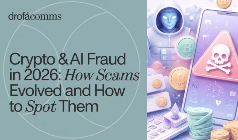 Visual concept of crypto and AI fraud in 2026 with digital warning symbols and cryptocurrency coins