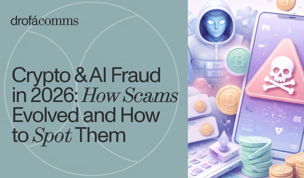 Visual concept of crypto and AI fraud in 2026 with digital warning symbols and cryptocurrency coins