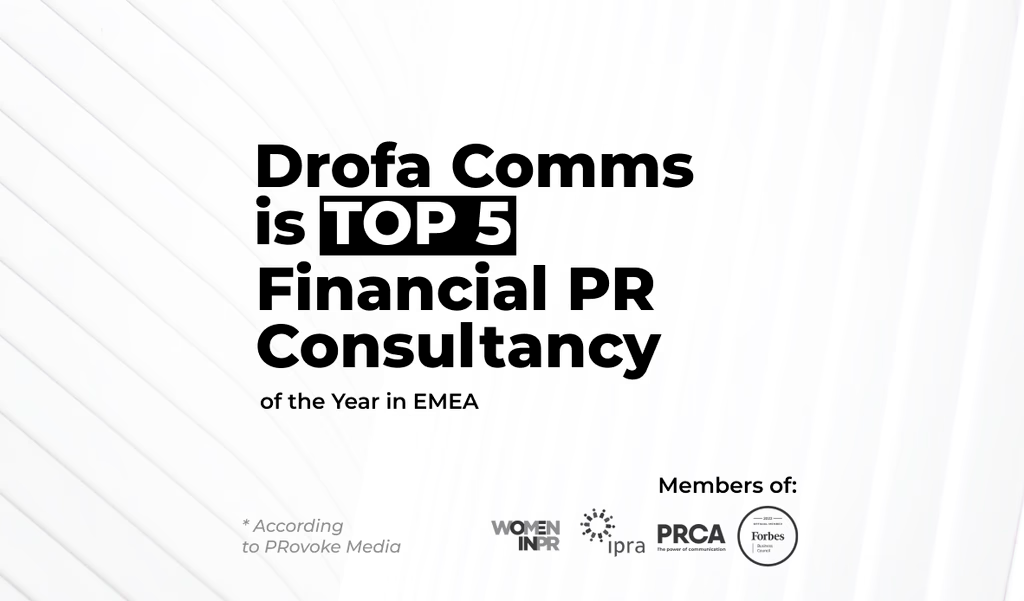 Drofa Comms Top 5 Financial PR Consultancy of the Year in EMEA award graphic with PRCA and industry membership logos