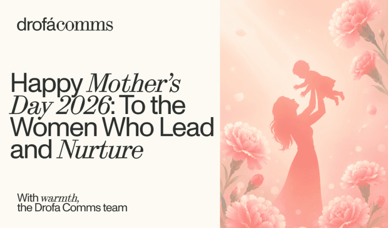 Drofa Comms Mother's Day 2026 graphic featuring a mother and child silhouette surrounded by pink carnations.