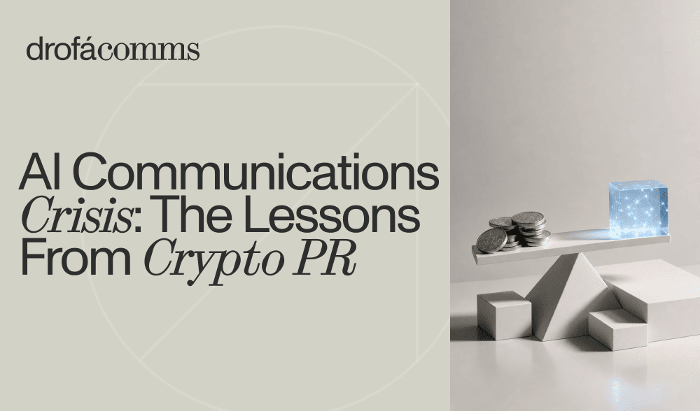 Balance scale with crypto coins and a glowing AI cube, illustrating the AI communications crisis and lessons from crypto PR.