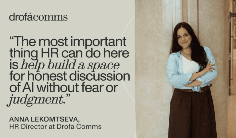Quote card featuring Anna Lekomtseva, HR Director at Drofa Comms, on AI competence at work and honest HR evaluation