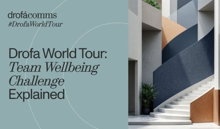 Drofa Comms branded graphic for the Drofa World Tour team wellbeing challenge, with a modern spiral staircase photo.