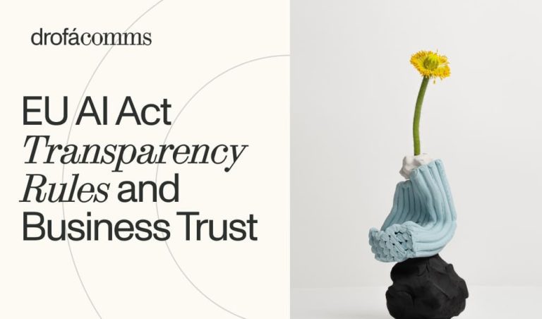 Business leader reviewing EU AI Act transparency rules and AI governance documents in an office