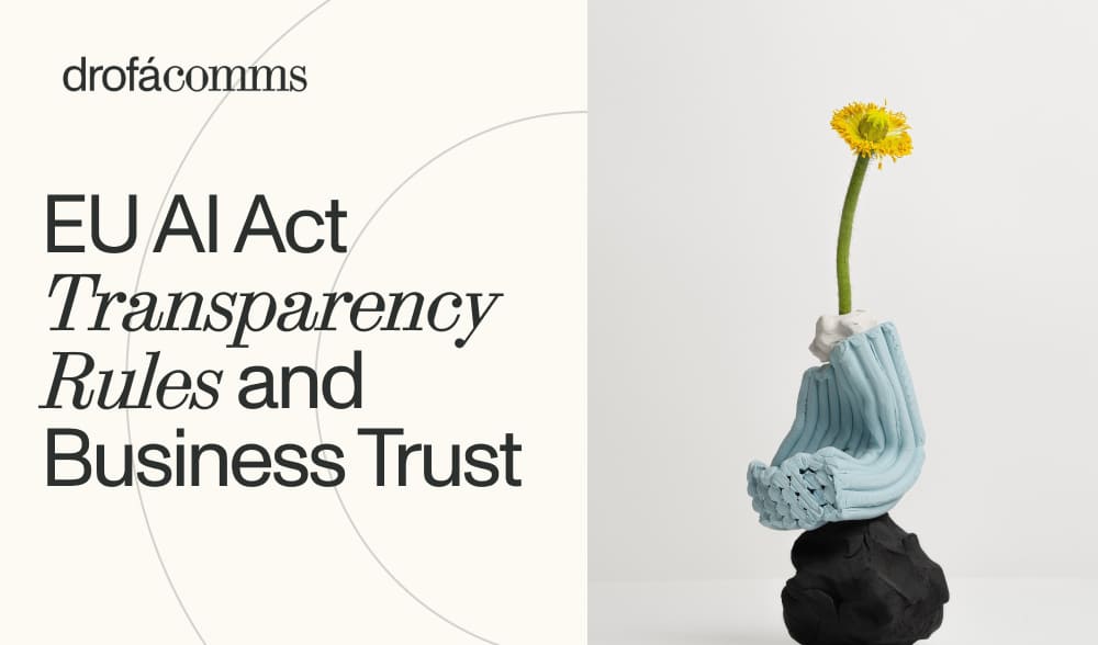 Business leader reviewing EU AI Act transparency rules and AI governance documents in an office