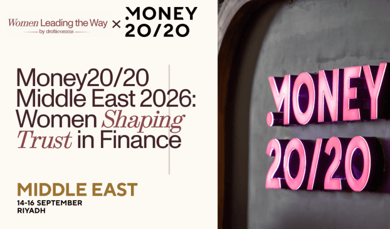 Money20/20 Middle East 2026 graphic featuring Women Leading the Way partnership branding and Money20/20 signage in Riyadh