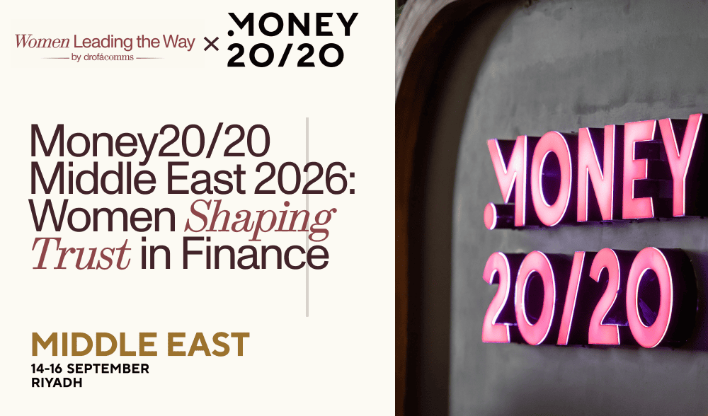 Money20/20 Middle East 2026 graphic featuring Women Leading the Way partnership branding and Money20/20 signage in Riyadh