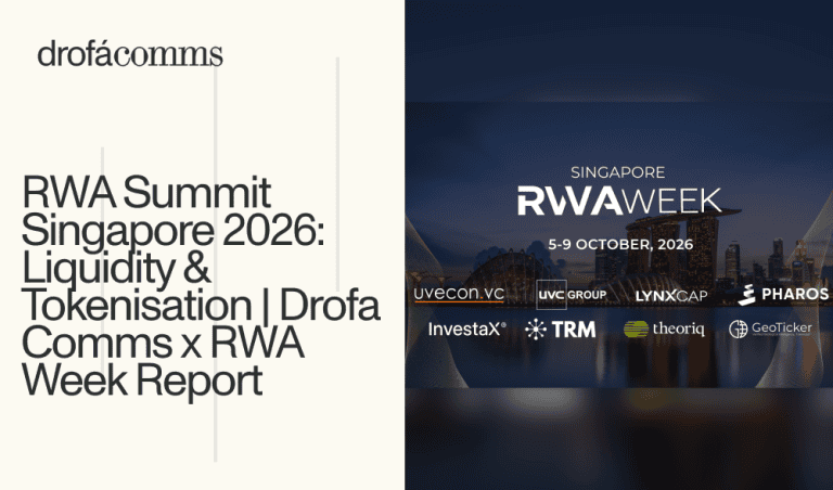 Drofa Comms × RWA WEEK report on liquidity and tokenisation at RWA Summit Singapore 2026, with event signage.