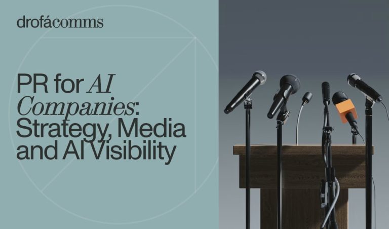 Microphones on a wooden podium at a press briefing, illustrating PR for AI companies.