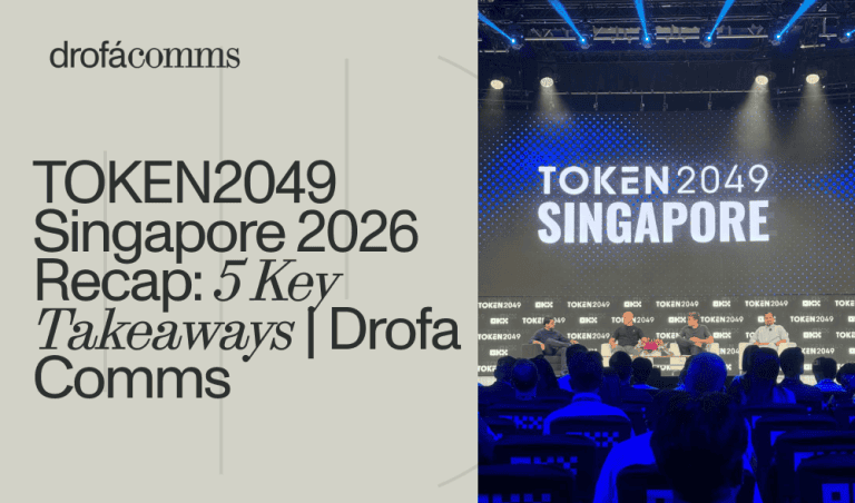 Drofa Comms cover for TOKEN2049 Singapore 2026 recap, featuring the conference stage and speakers during a panel discussion.