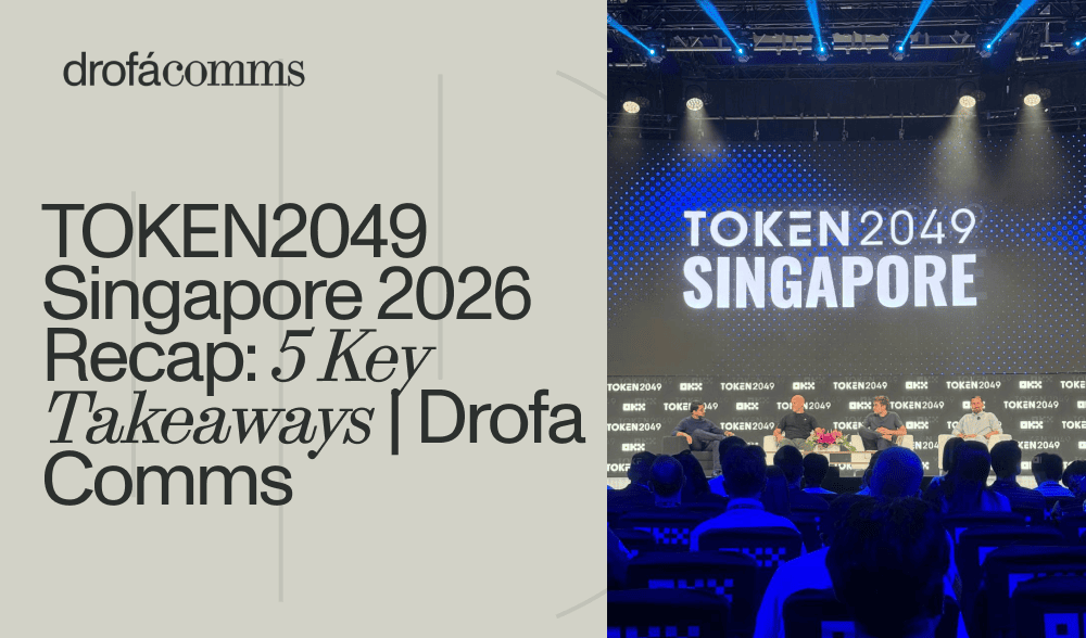 Drofa Comms cover for TOKEN2049 Singapore 2026 recap, featuring the conference stage and speakers during a panel discussion.
